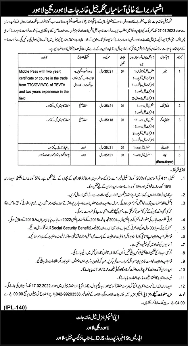 Prisons Department Punjab Jobs 2023 Jobs 2023 — original advertisement