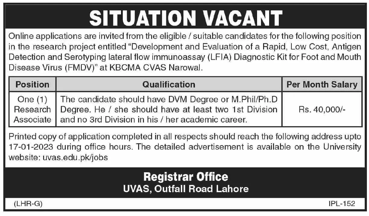 University of Veterinary & Animal Sciences Lahore Jobs 2022 – University of Veterinary and Animal Sciences Lahore Jobs 2023 — original advertisement