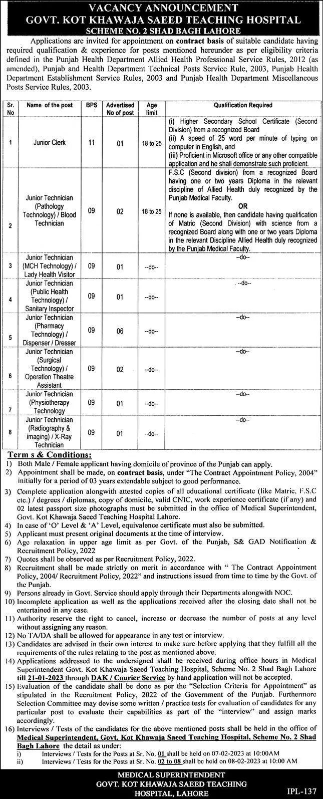 Govt Kot Khawaja Saeed Teaching Hospital Lahore Jobs 2023 – Govt Teaching Hospital Kot Khawaja Saeed Lahore Jobs 2023 — original advertisement