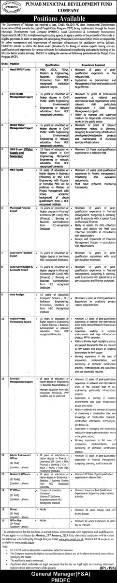 Punjab Municipal Development Fund Company Jobs 2023 Jobs 2023 — original advertisement