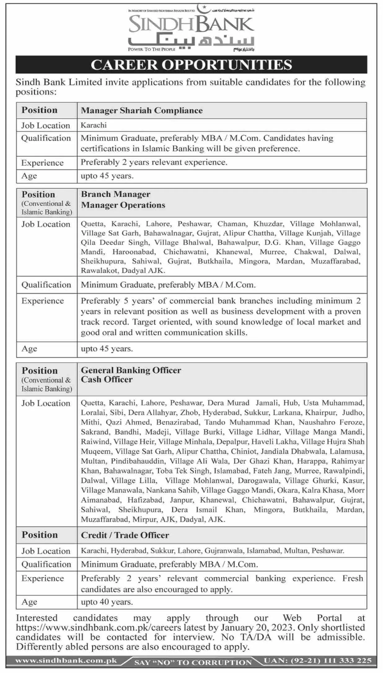 Sindh Bank karachi Jobs 2023 Jobs 2023 — original advertisement