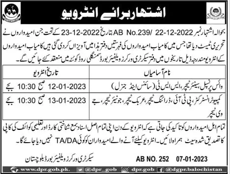 Workers Welfare Board Balochistan Interview 2023 – Workers Welfare Board WWB Balochistan Jobs 2023 — original advertisement