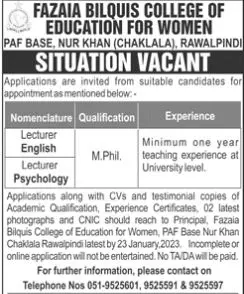Fazaia Bilquis College of Education for Women Jobs 2023 – Fazaia Schools & Colleges Jobs 2023 — original advertisement