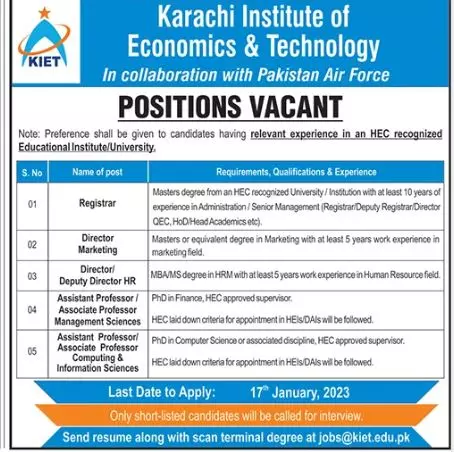 Karachi Institute of Economics & Technology Jobs 2023 – Karachi Institute of Economics and Technology KIET Jobs 2023 — original advertisement