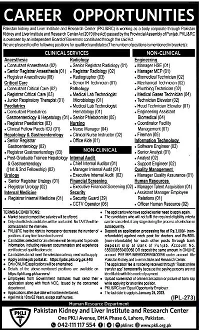 Pakistan Kidney and Liver Institute and Research Center Jobs – Pakistan Kidney And Liver Institute (PKLI) And Research Centre Lahore Jobs 2023 — original advertisement