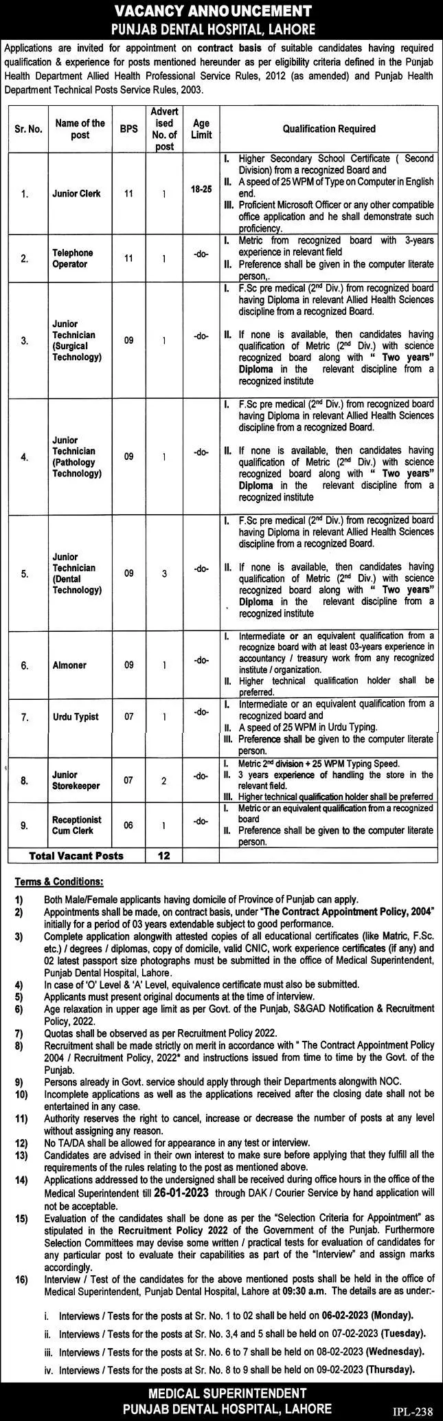 Punjab Dental Hospital Lahore Punjab Jobs 2023 Jobs 2023 — original advertisement