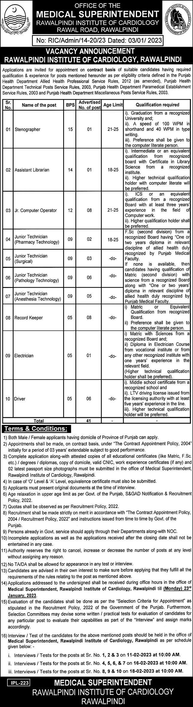 Rawalpindi Institute of Cardiology Rawalpindi Jobs 2023 – Punjab Institute of Cardiology Lahore Jobs 2023 — original advertisement