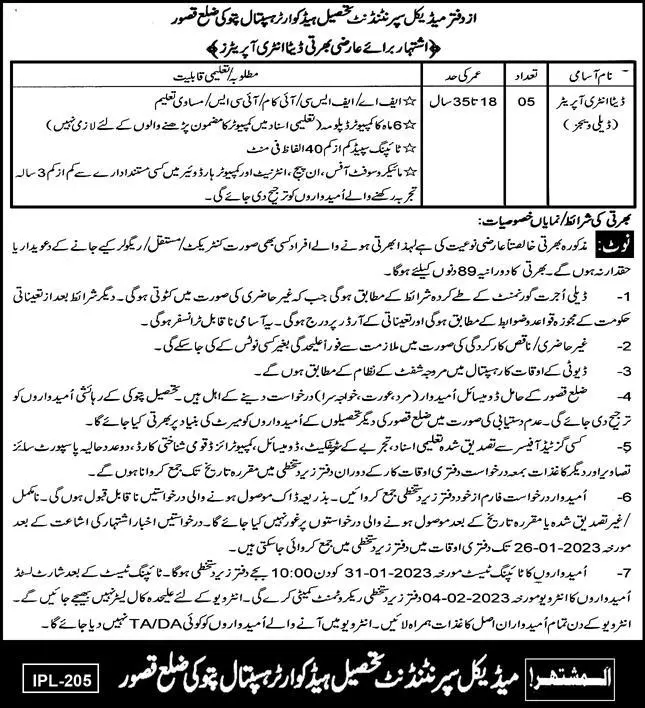 Tehsil Head Quarter Hospital District Kasur  Jobs 2023 – Tehsil Headquarter Hospital Jobs 2023 — original advertisement