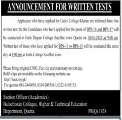 Cadet College Kharan Written Test 2023 Jobs 2023 — original advertisement