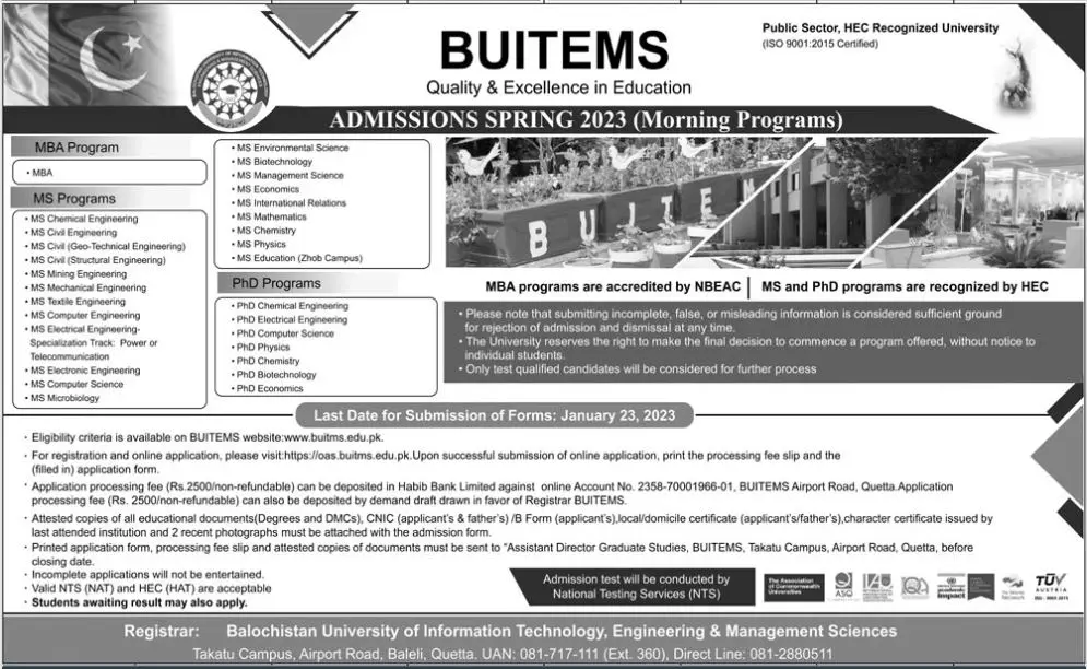 Balochistan University of Engineering & Technology Admission – Balochistan University of Engineering and Technology BUETK Khuzdar Admissions 2023 — original advertisement