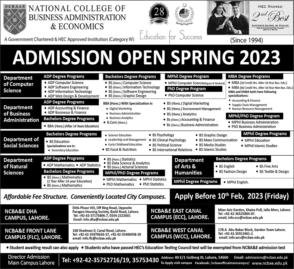 National College of Business Administration Admissions 2023 – National College of Business Administration & Economics Lahore Admissions 2023 — original advertisement