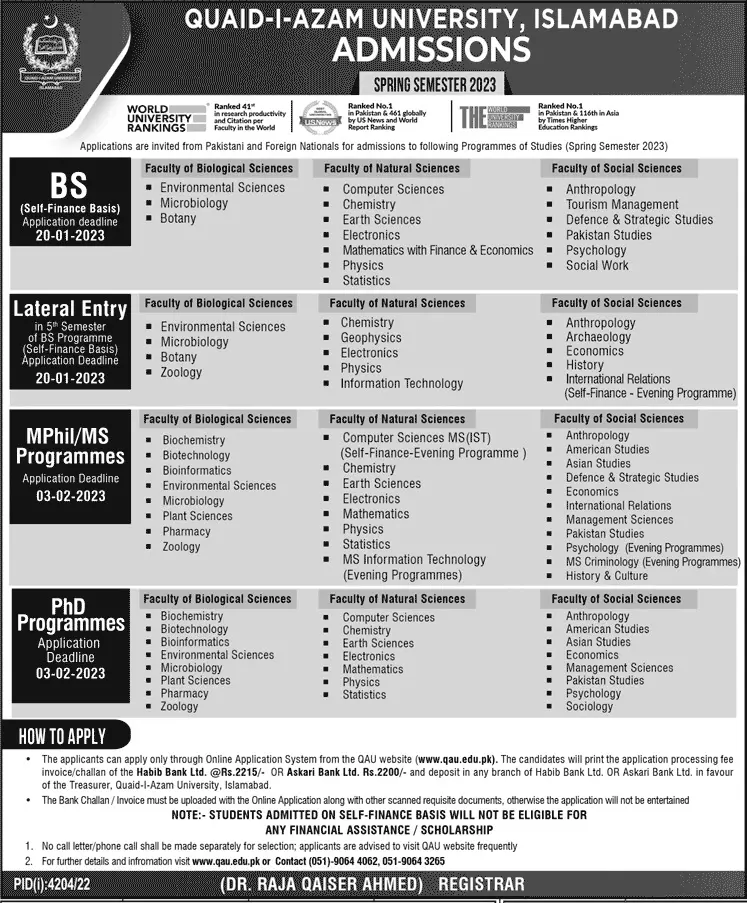 Quaid-i-Azam University, Islamabad Admissions 2023 – Quaid-i-Azam University, Islamabad , Pakistan Admissions 2023 — original advertisement