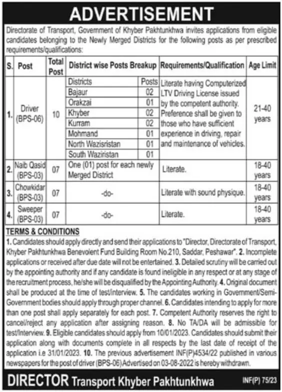 Transport Department Khyber Pakhtunkhwa Jobs 2023 – Transport Department KPK Jobs 2023 — original advertisement