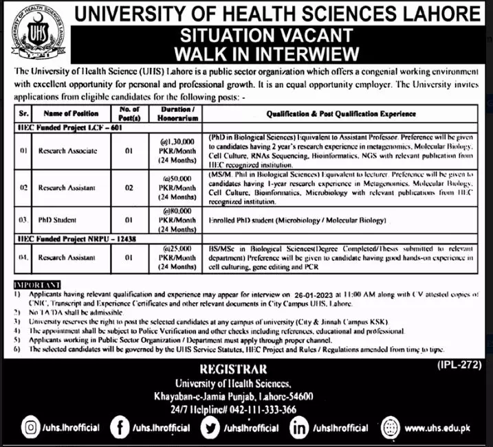 University of Health Sciences Lahore Jobs 2023 Jobs 2023 — original advertisement