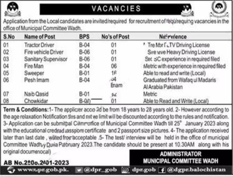 Municipal Committee MC Wadh Jobs 2023 – Muncipal Commette Jobs 2023 — original advertisement