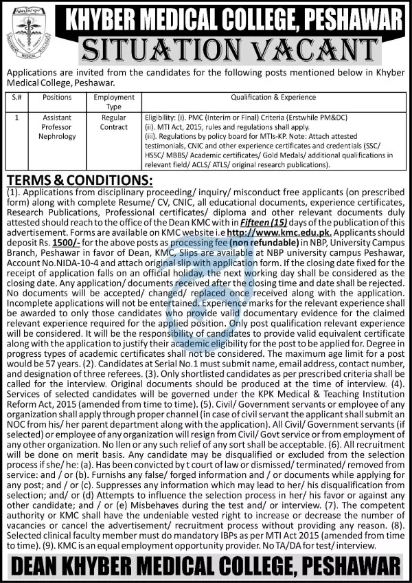 Khyber Medical College Peshawar KMC Jobs 2023 – Khyber Medical College KMC Peshawar Jobs 2023 — original advertisement