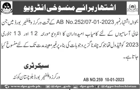 Cancell Workers Welfare Board Balochistan Interview 2023 – Workers Welfare Board WWB Balochistan Jobs 2023 — original advertisement