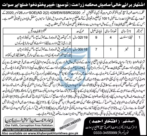 Agriculture Department Khyber Pakhtunkhwa Jobs 2023 – Agriculture Department KPK Jobs 2023 — original advertisement