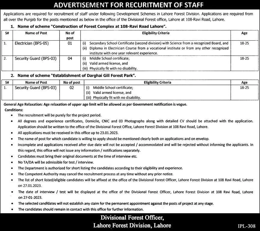 Lahore Forest Division Lahore Jobs 2023 – Forest Wildlife & Fishries Department Punjab Jobs 2023 — original advertisement