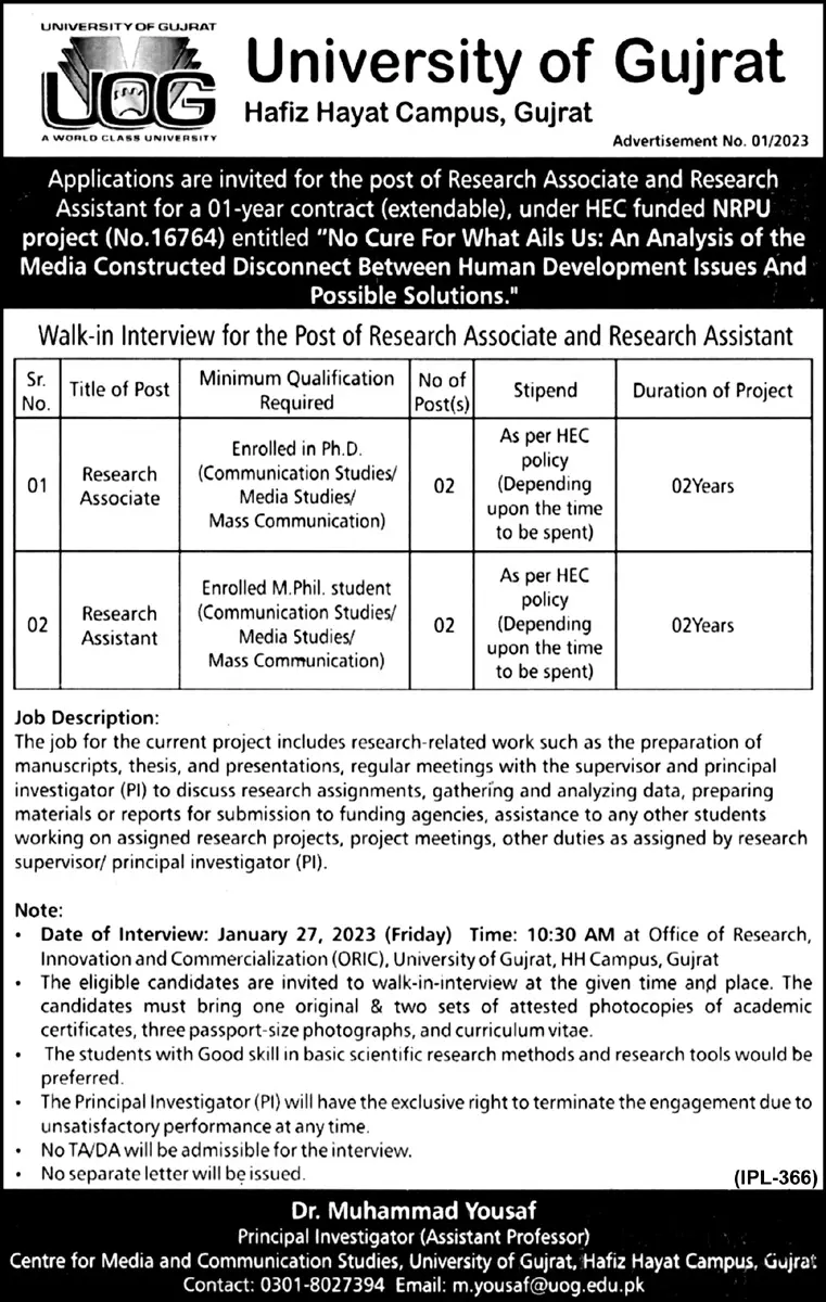 University of Gujrat Jobs 2023 Jobs 2023 — original advertisement