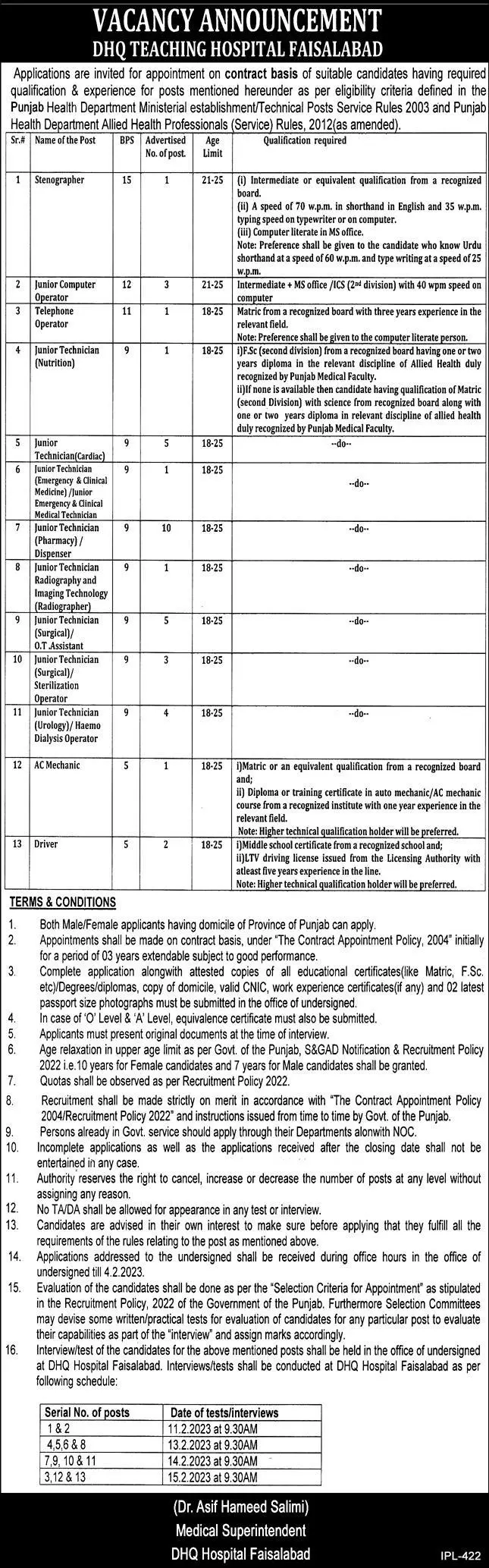 DHQ Teaching Hospital Faisalabad Jobs 2023 – DHQ Hospital Faisalabad Jobs 2023 — original advertisement