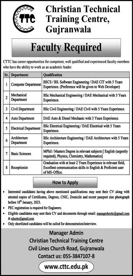Faculity Required Christain Centre Gujranwala 2023 – Christian Technical Training Centre Jobs 2023 — original advertisement