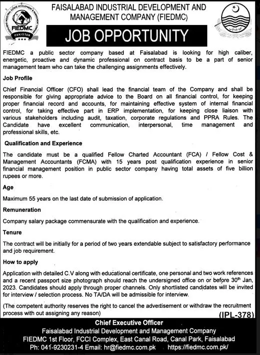 Faisalabad Industrial Development and Management Company Job – Private Company Jobs 2023 — original advertisement