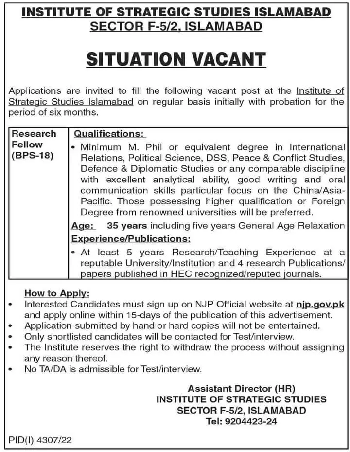Institute of Strategic Studies Islamabad Jobs 2023 Jobs 2023 — original advertisement