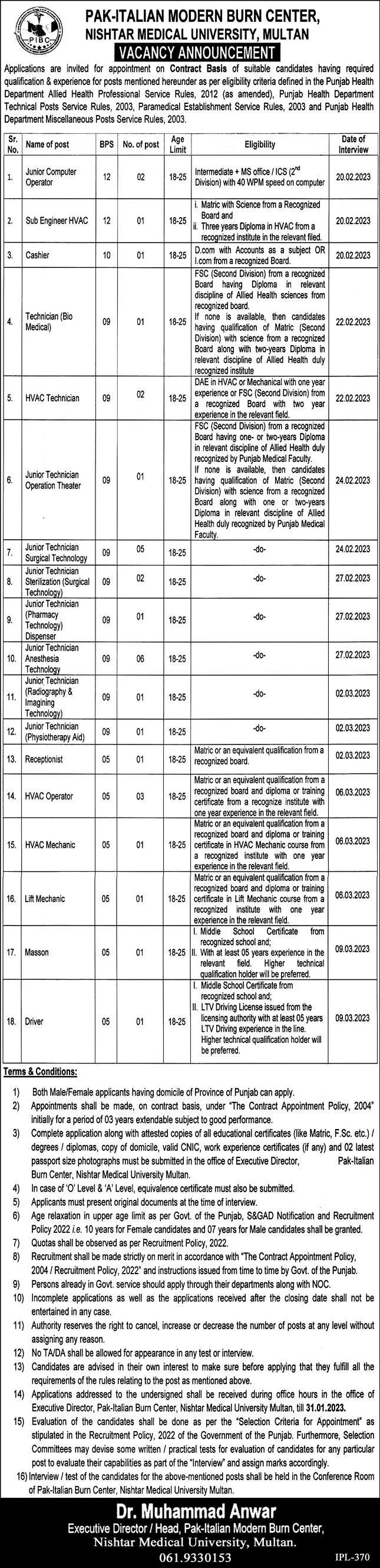 Nishtar Medical University Multan Punjab Jobs 2023 Jobs 2023 — original advertisement