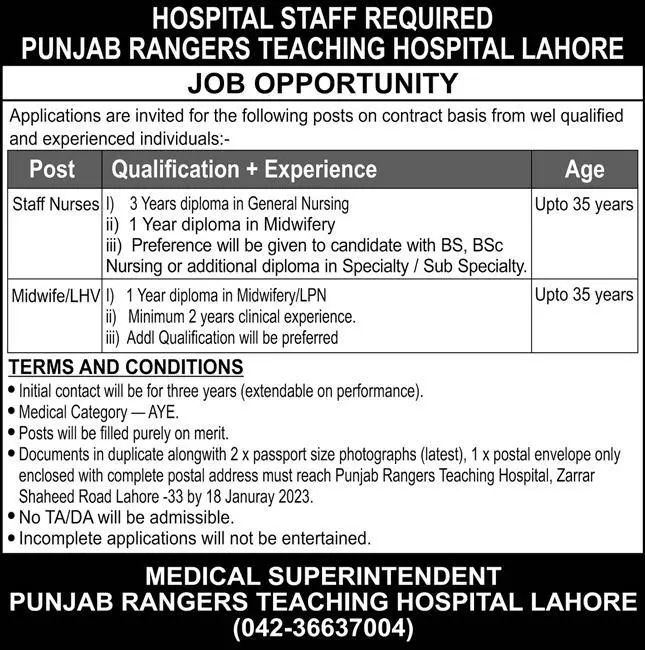 Punjab Rangers Teaching Hospital Lahore Punjab Jobs 2023 Jobs 2023 — original advertisement