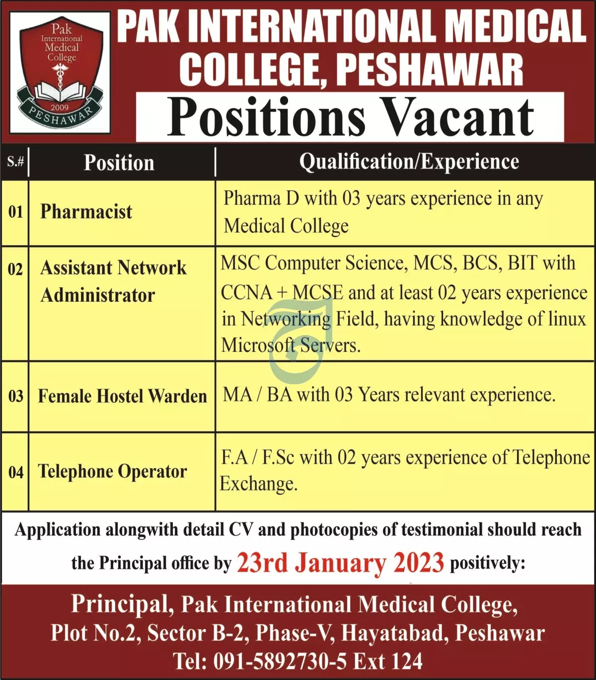 Pak International Medical College Peshawar Jobs 2023 – Pak international nursing college peshawar Jobs 2023 — original advertisement