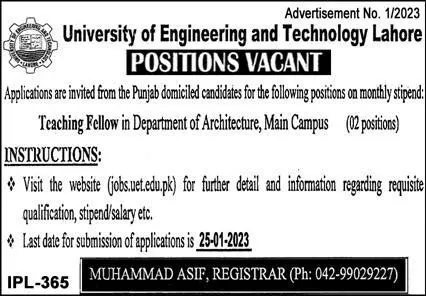 University of Engineering and Technology Lahore Jobs 2023 – University of Engineering  & Technology Lahore Jobs 2023 — original advertisement