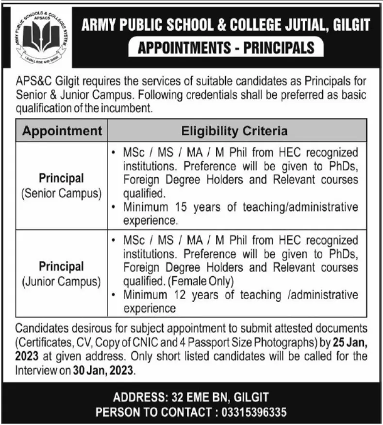 Army Public School & College Jutial Gilgit Jobs 2023 – Army Public School & College Paksitan Jobs 2023 — original advertisement