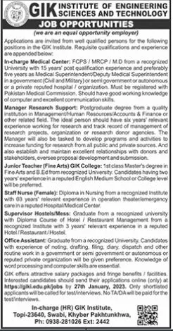 Ghulam Ishaq Khan Institute of Engineering Sciences Job 2023 – Ghulam Ishaq Khan GIK Institute of Engineering Sciences and Technology Swabi Jobs 2023 — original advertisement