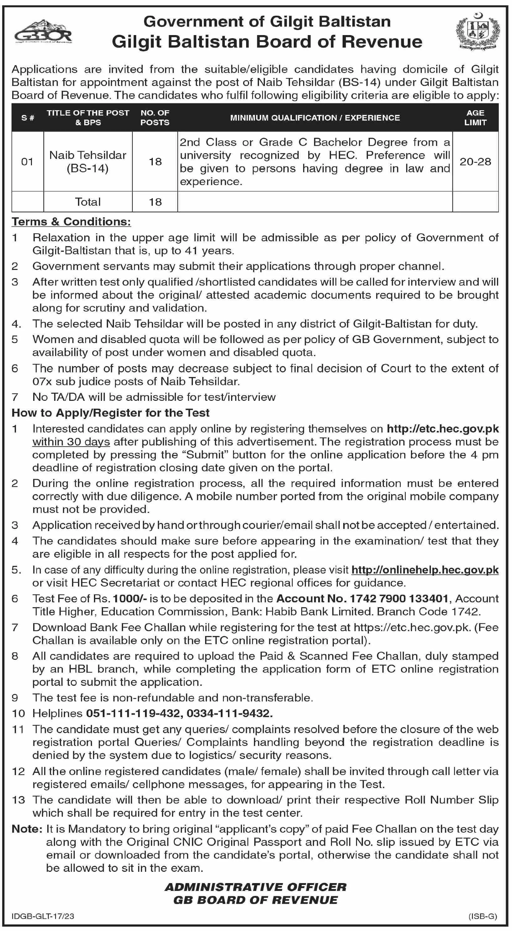Gilgit Baltistan Board of Revenue Jobs 2023 – Government of Gilgit-Baltistan Jobs 2023 — original advertisement