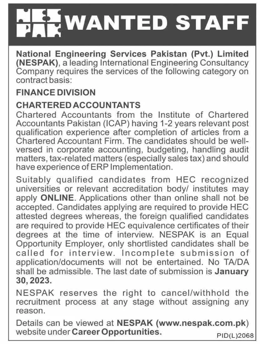 National Engineering Services Pakistan PVT Limited Jobs 2023 – NESPAK National Engineering Services Pakistan Jobs 2023 — original advertisement