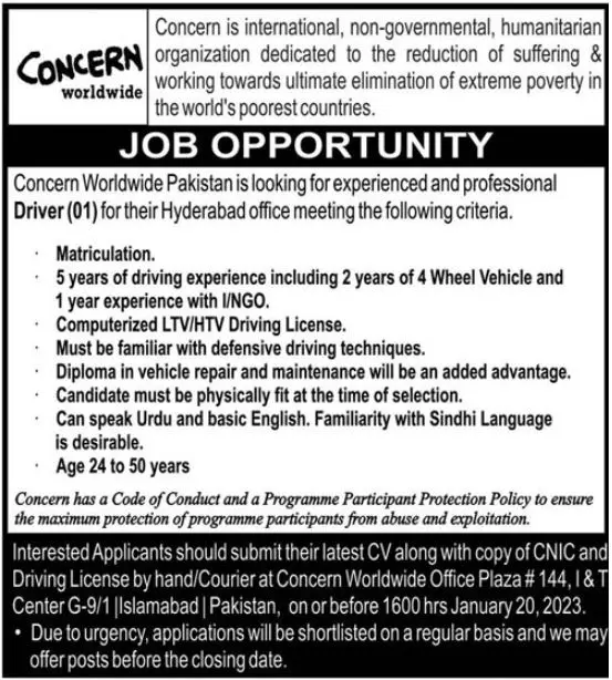 Concern Woldwide Pakistan Islamabad Jobs 2023 – Public Sector Organization Jobs 2023 — original advertisement
