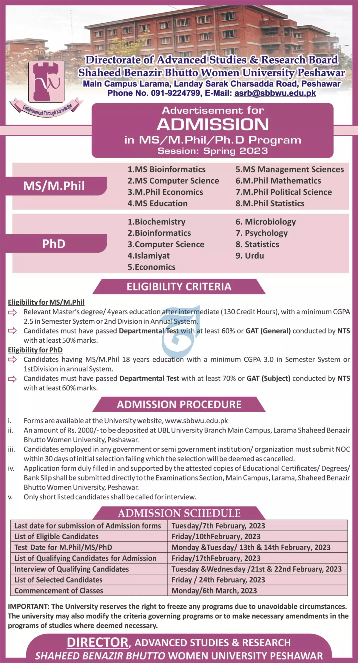 Shaheed Benazir Bhutto Women University Peshawar Admissions Admissions 2023 — original advertisement