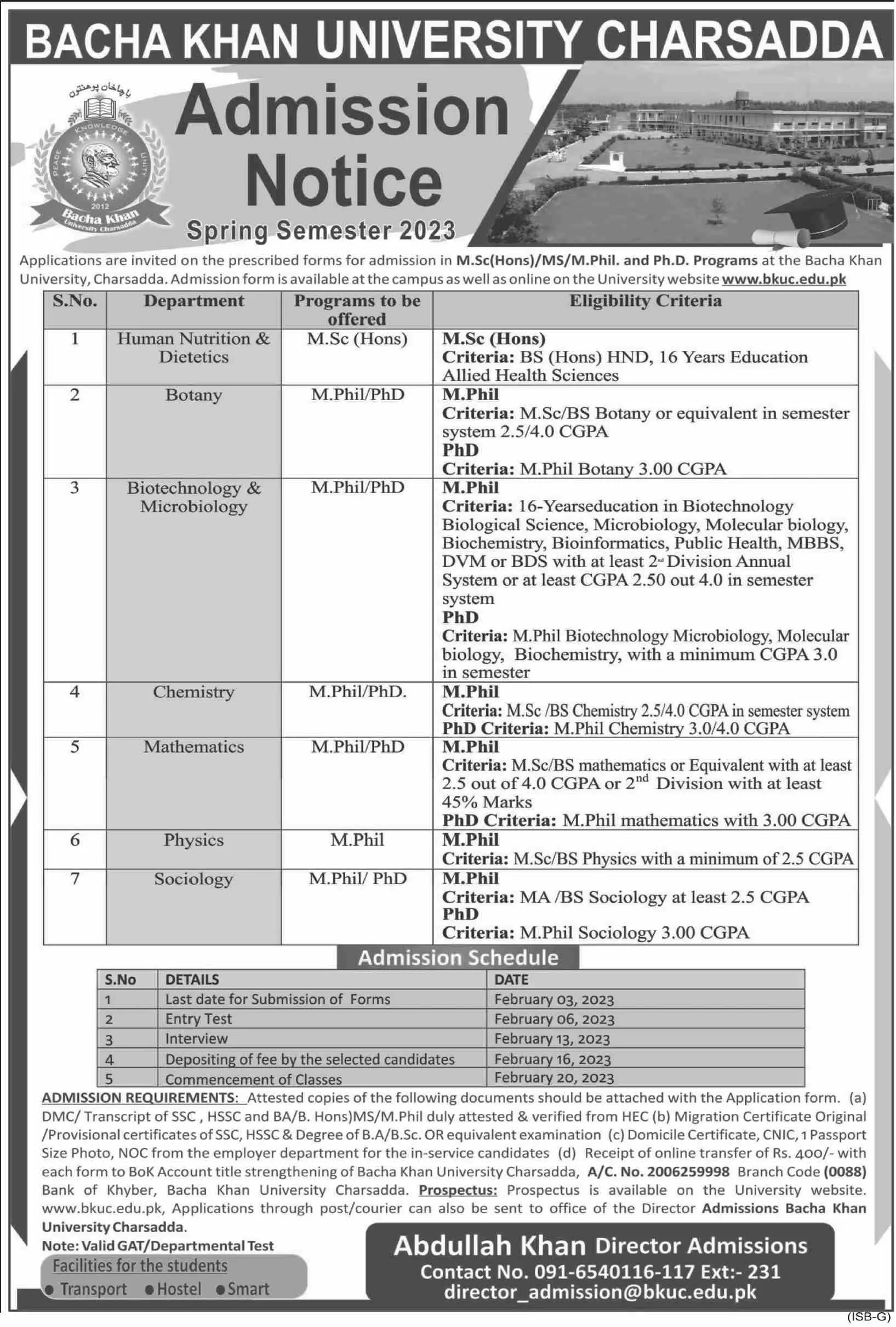 Bacha Khan University Charsadda Admissions 2023 – Bacha Khan University Charsada Admissions 2023 — original advertisement