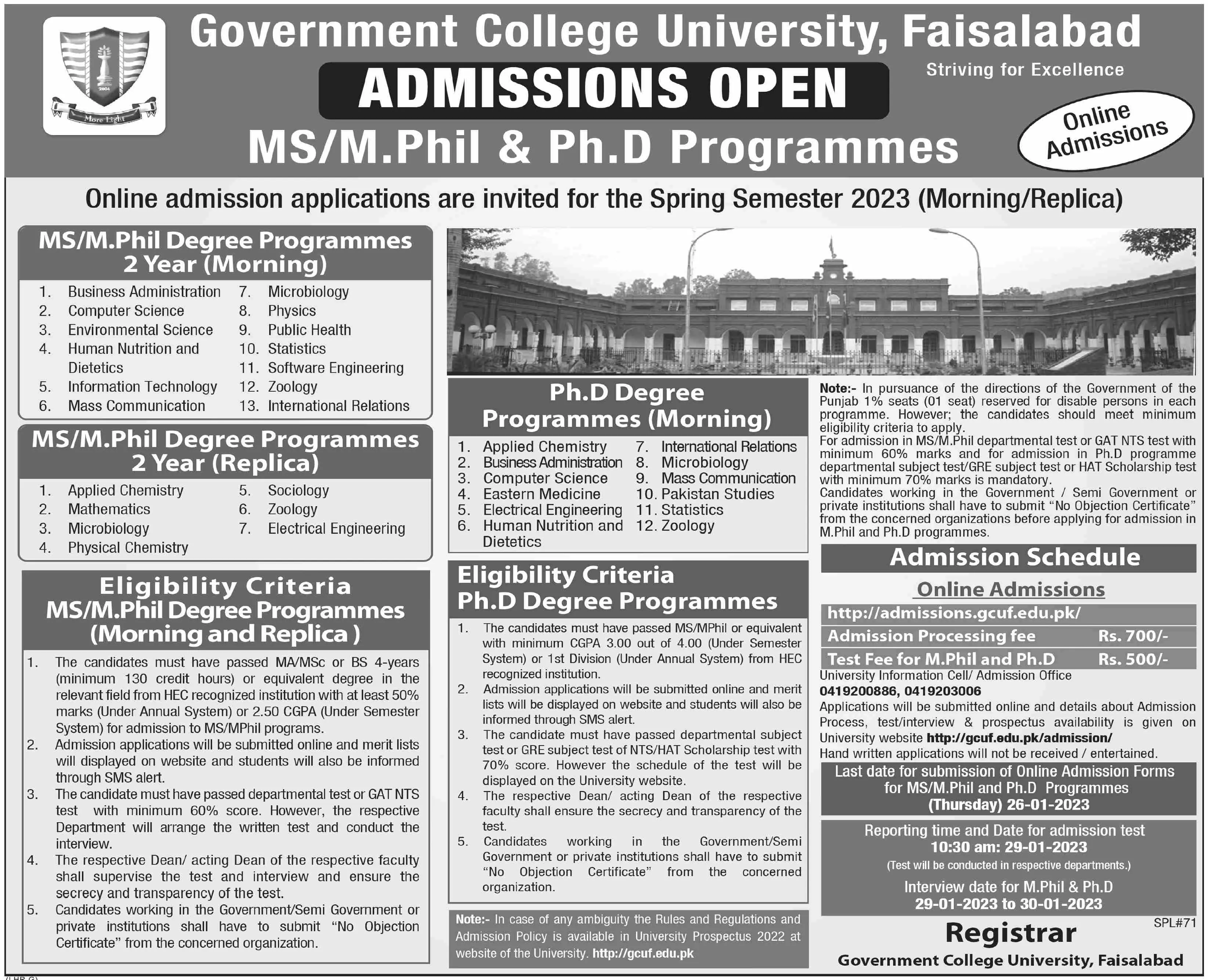 Government College University Faisalabad Admission 2023 Admissions 2023 — original advertisement