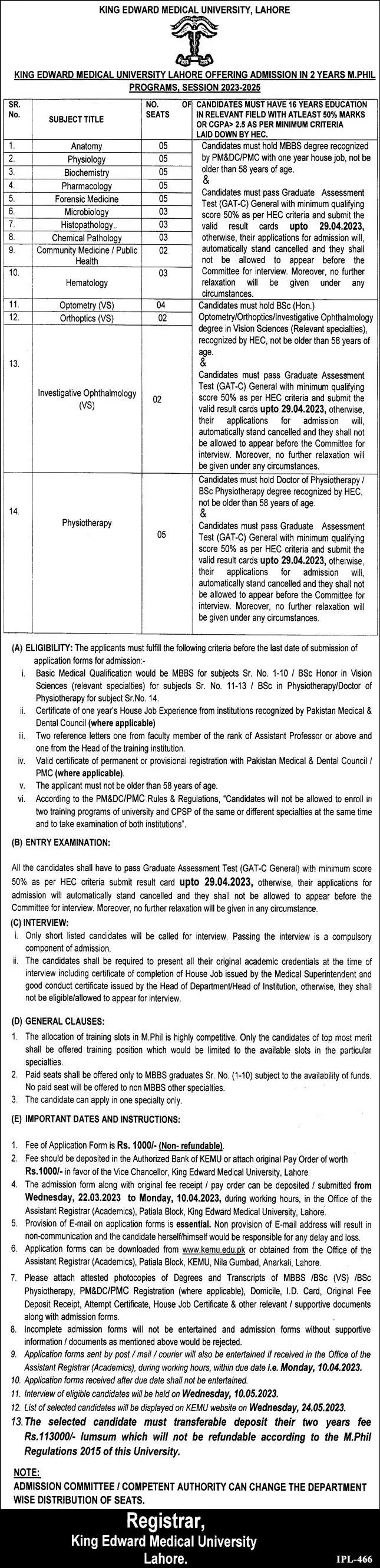 King Edward Medical University Lahore Admissions 2023 Admissions 2023 — original advertisement