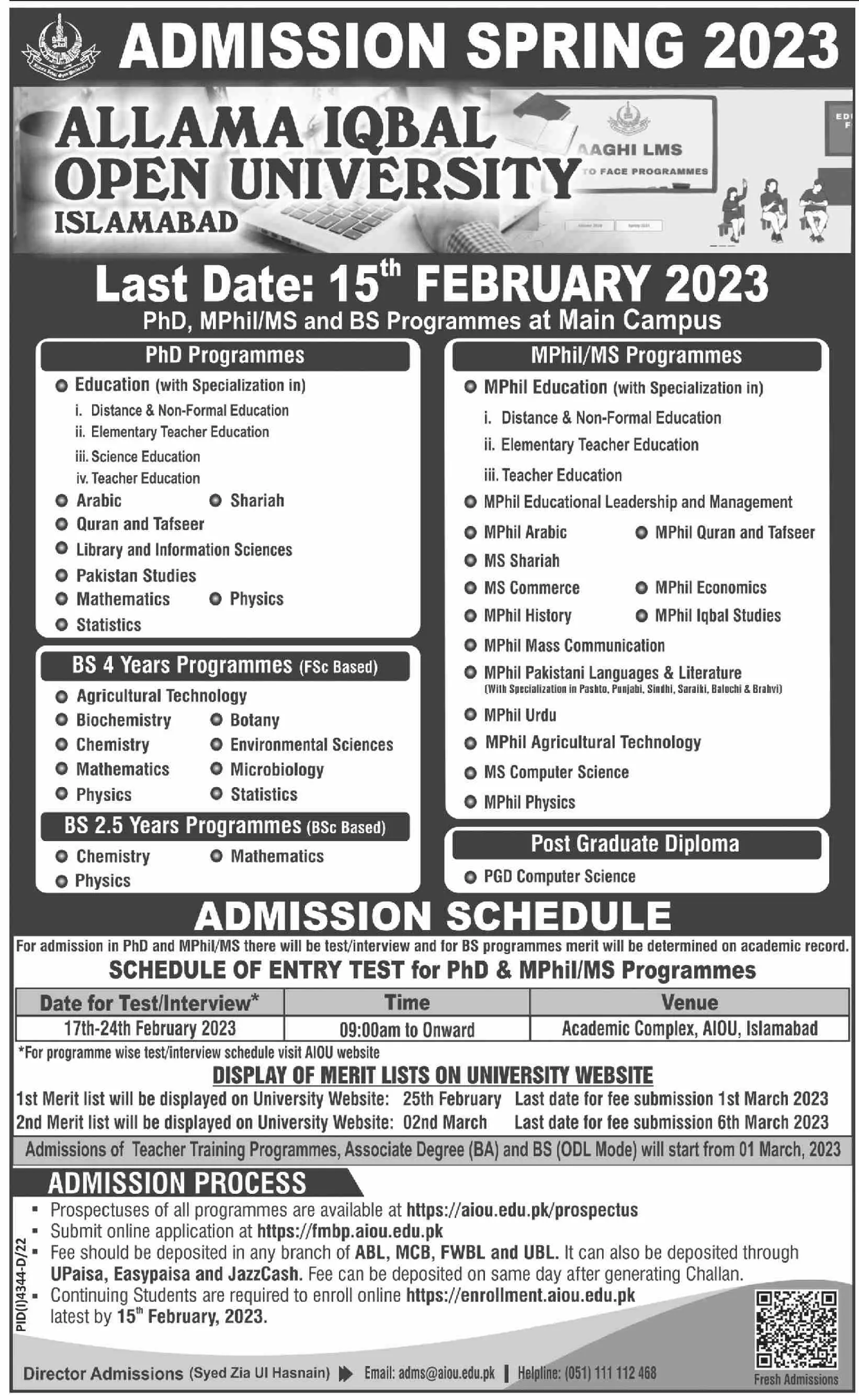 Allama Iqbal Open University Islamabad Admissions 2023 Admissions 2023 — original advertisement