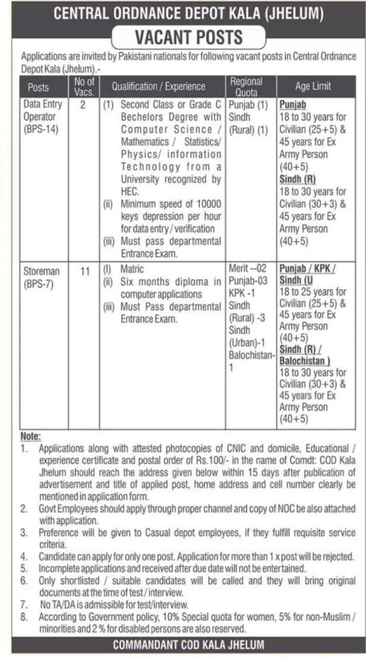 Central Ordinance Depot Kala Jhelum Jobs 2023 – Central Ordnance Depot Jobs 2023 — original advertisement