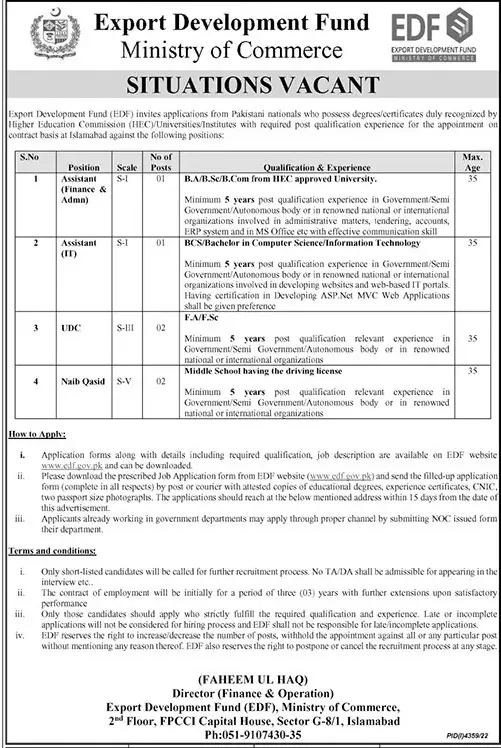 Export Development Fund Islamabad Jobs 2023 – Ministry of Commerce Jobs 2023 — original advertisement