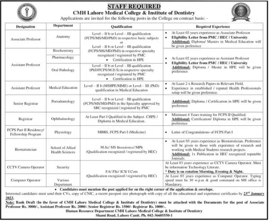 Cmh Lahore Medical College & Institute Of Dentistry Jobs Jobs 2023 — original advertisement