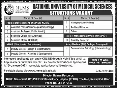 National University of Medical Sciences Nums Rawalpindi Jobs – National University of Medical Science NUMS Jobs 2023 — original advertisement