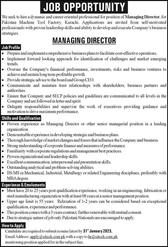 Pakistan Machine Tool Factory Karachi Jobs 2023 – Private Company Jobs 2023 — original advertisement