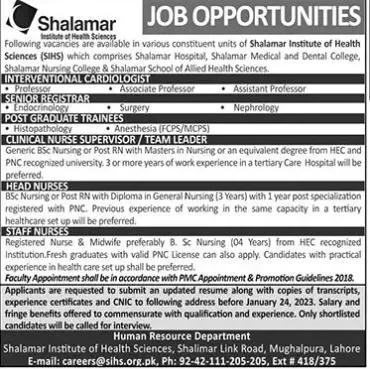Shalamar institute of Health Sciences Lahore Jobs 2023 Jobs 2023 — original advertisement