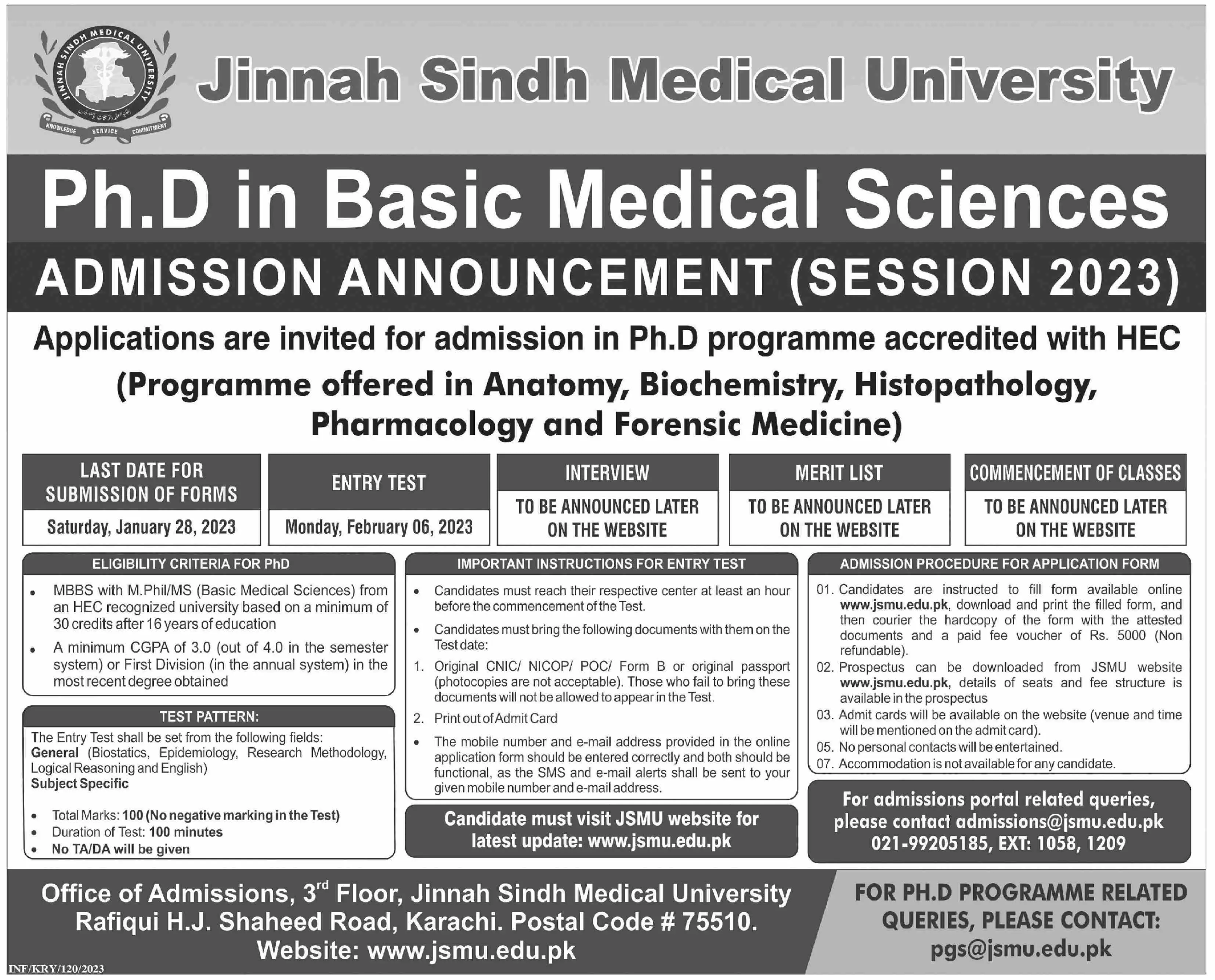Jinnah Sindh Medical University Karachi Admissions 2023 Admissions 2023 — original advertisement