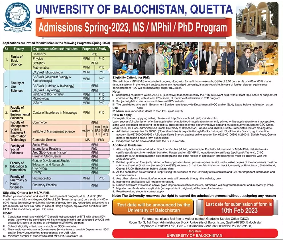 University of Balochistan Quetta Admissions 2023 Admissions 2023 — original advertisement
